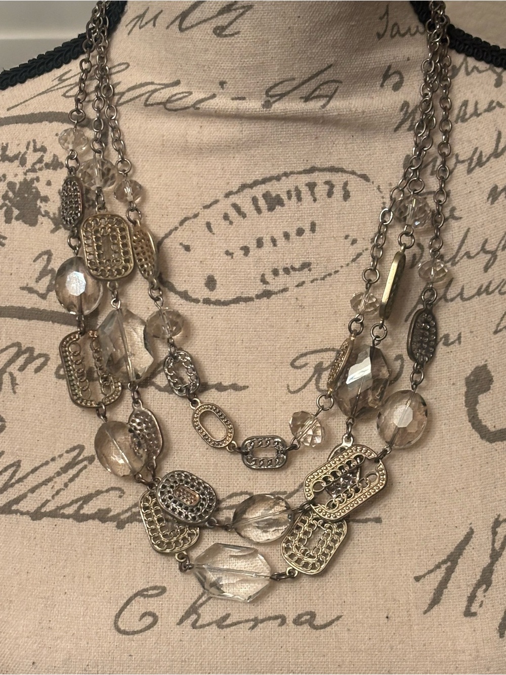 Multi-Strand Crystal and Metal Statement Necklace - Neutral